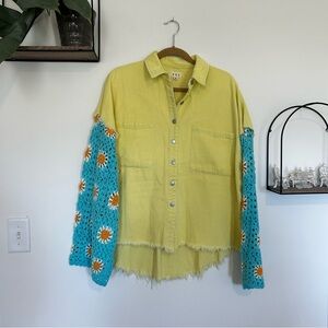 POL Yellow & Blue Floral Crochet Sleeves Retro Style Button Down Raw Hem Jacket